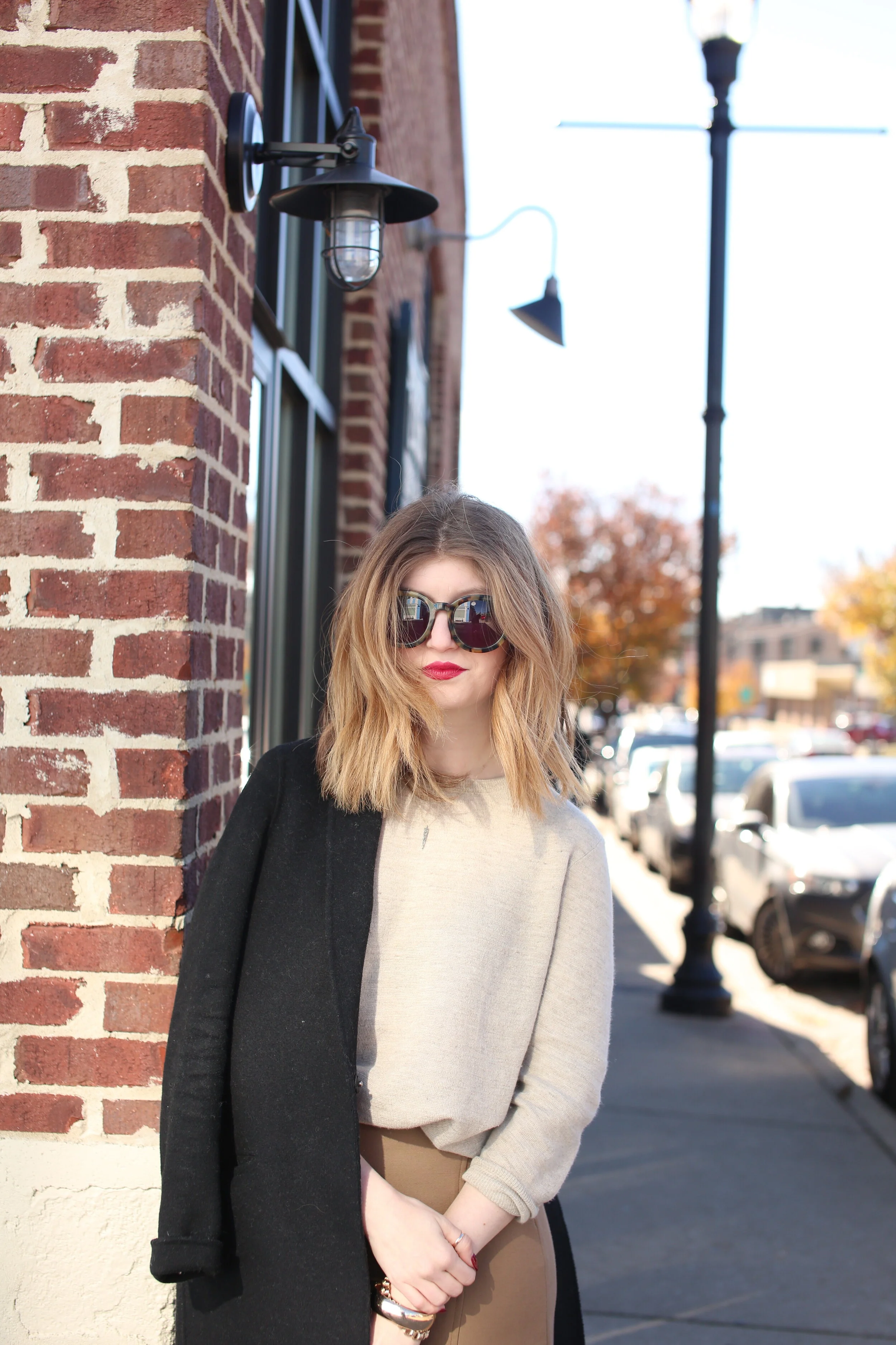 outfit: camel midi skirt