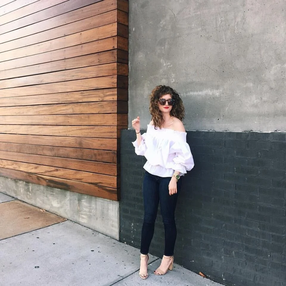 outfit: denim and off the shoulder