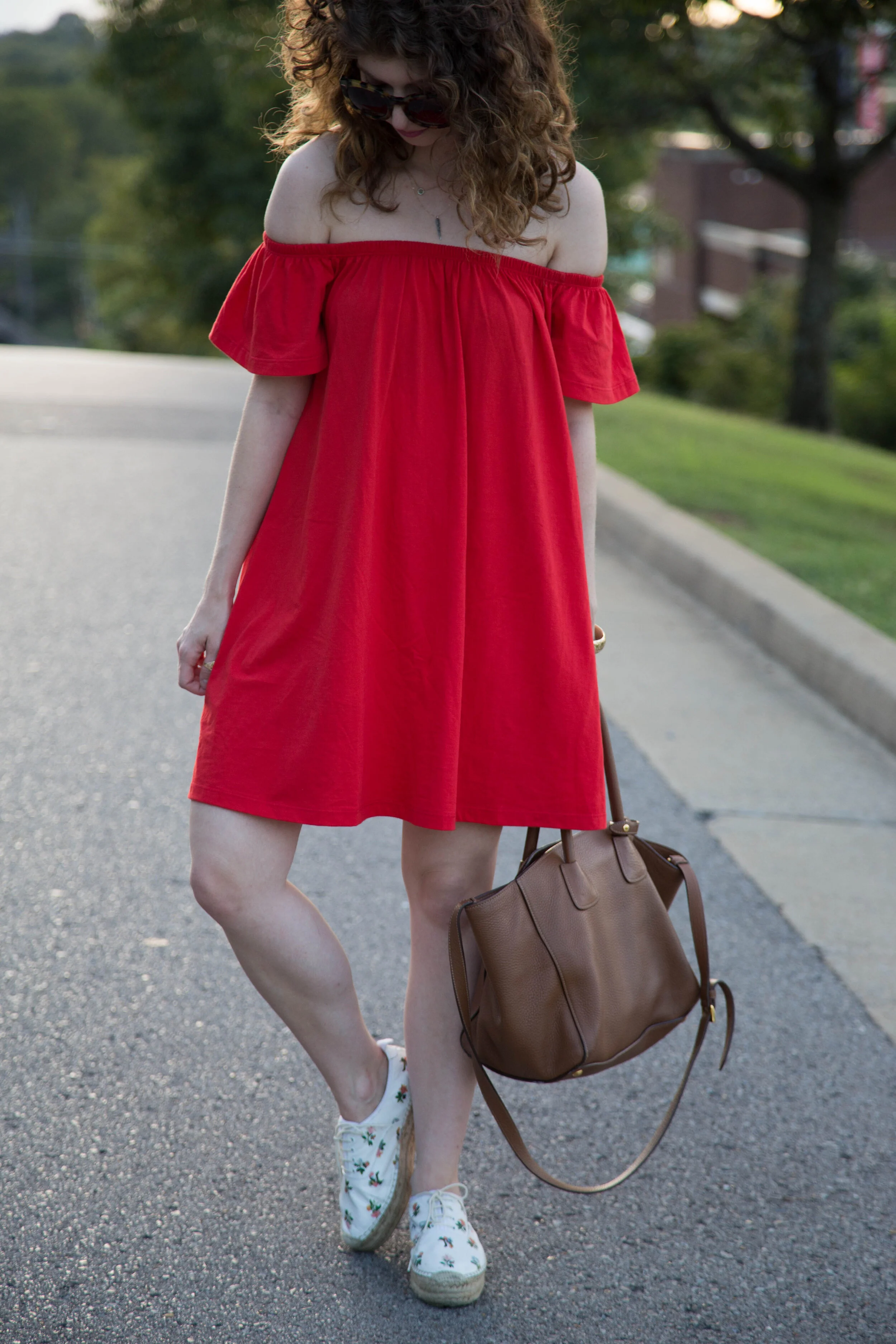 outfit: red off the shoulder dress