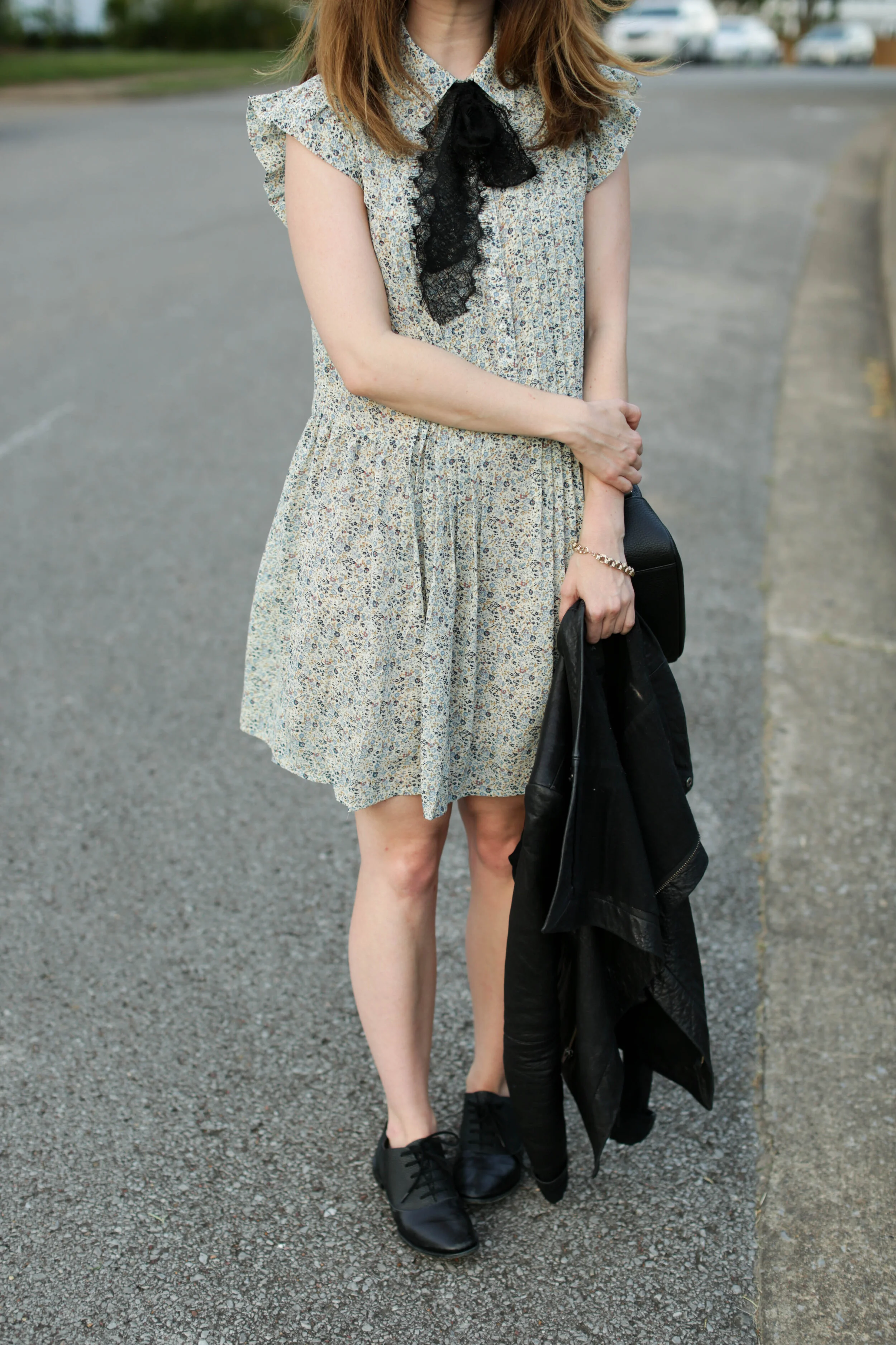 outfit: Floral Dress with Leather Jacket