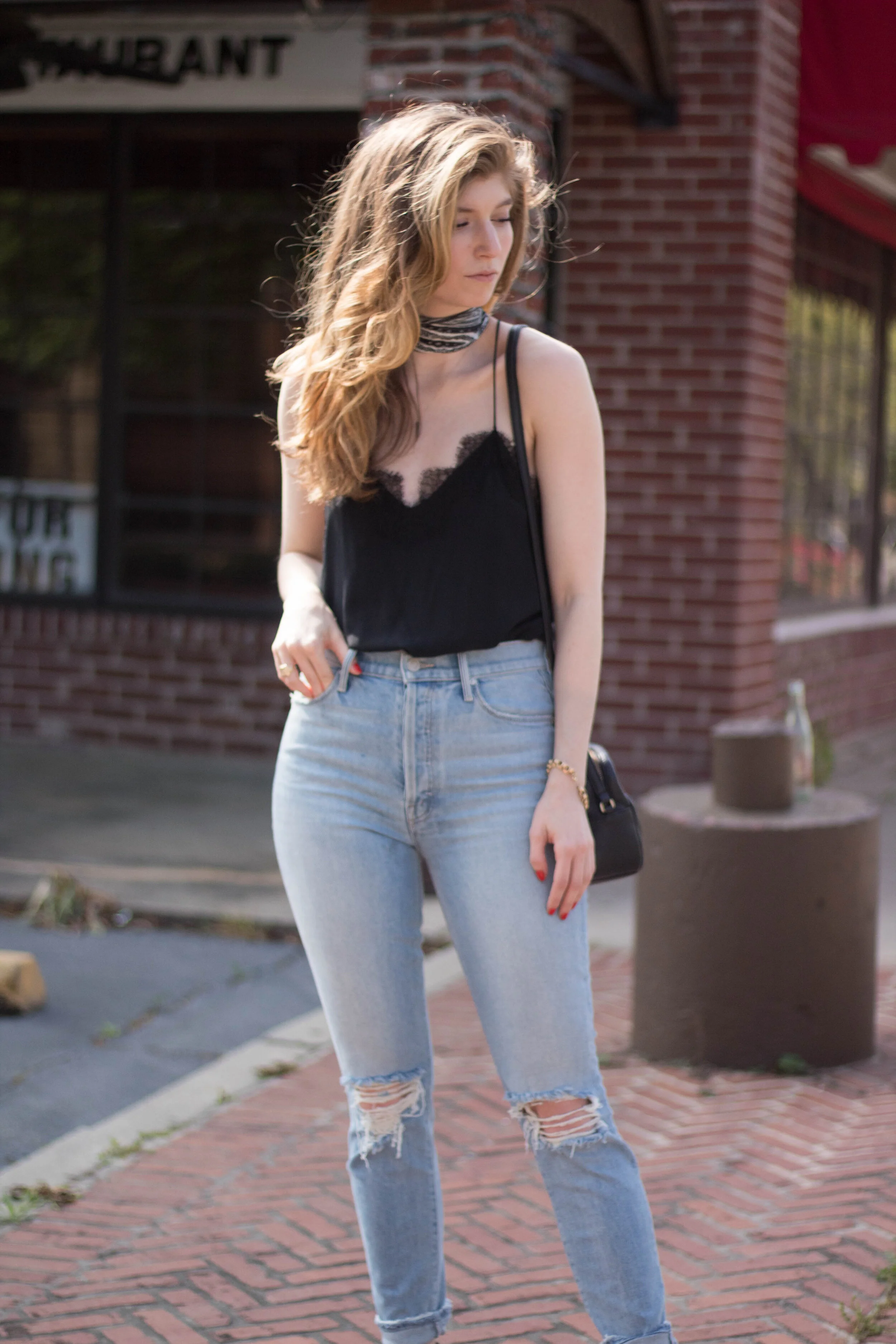 Lace Tank and High Waist Jeans