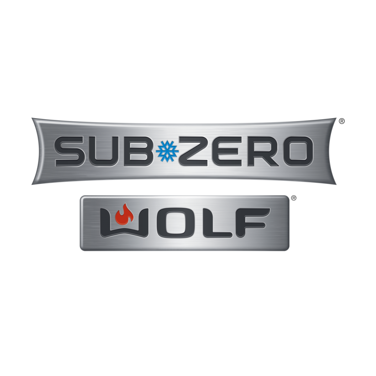 Sub Zero and Wolf logos, with Sub Zero logo featuring a snowflake symbol inside the letter 'O' and Wolf logo with a flame symbol inside the letter 'W'.