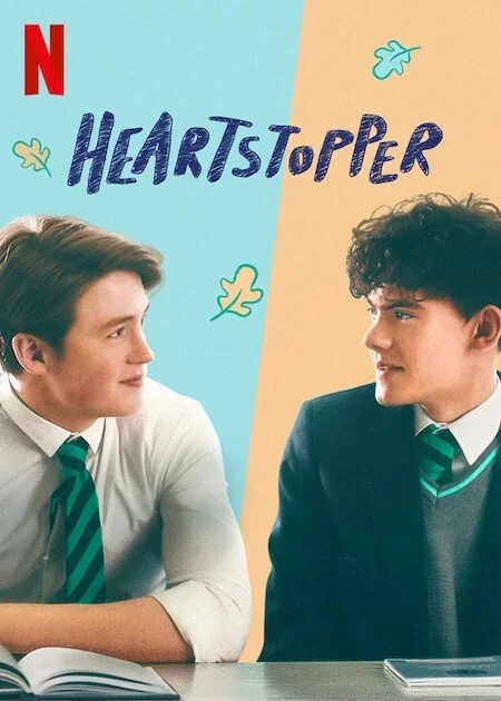 Two young men in school uniforms facing each other, with the title 'Heartstopper' and the Netflix logo above, indicating a promotional poster for the show.