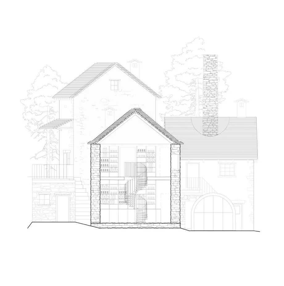 Architectural line drawing of a multi-story house with a spiral staircase, stone fireplace bread oven, and surrounding trees.
Architecture and Design for Foroglio Bakery and Bar in by Auliseo (Aurèle Eliseo Stauffer).