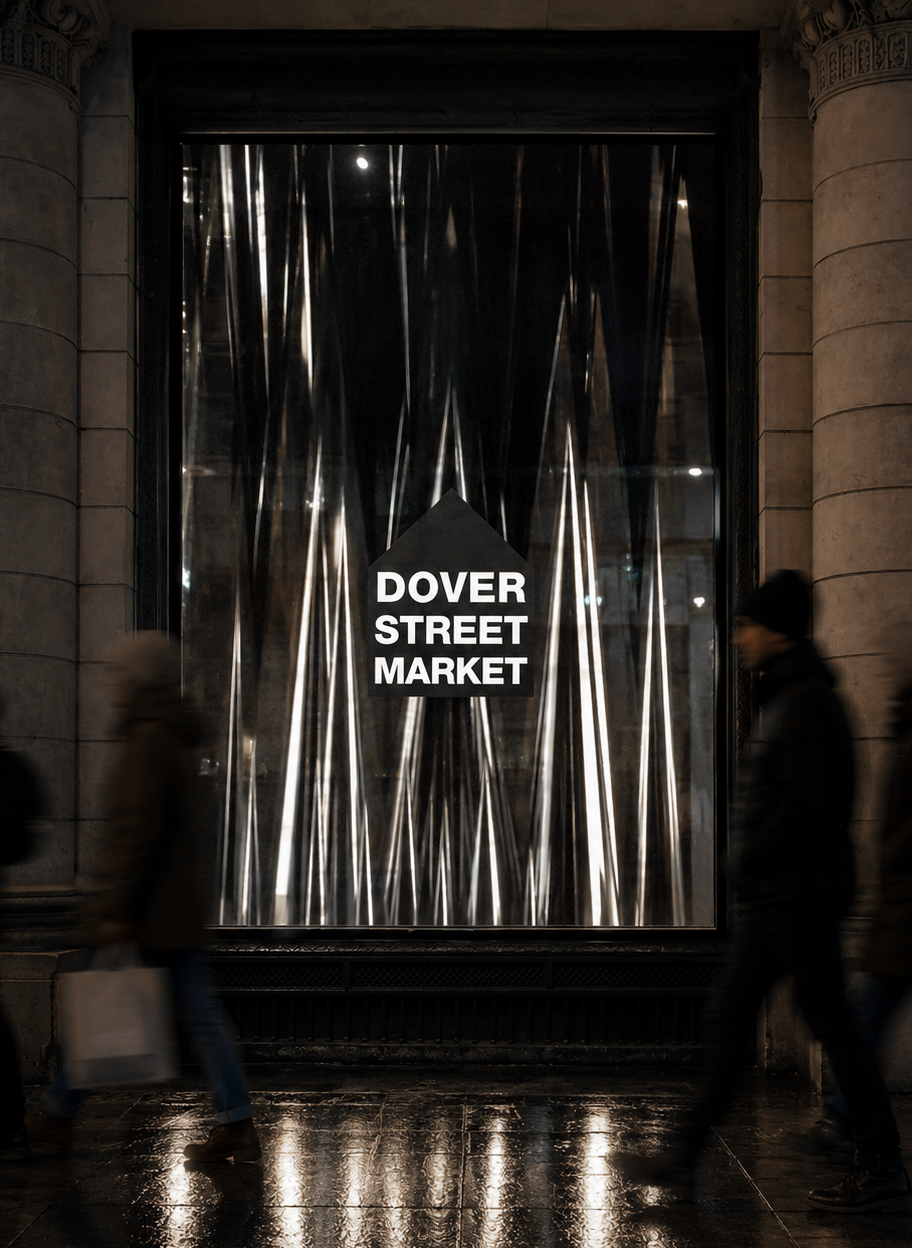 Urban street scene at night with a storefront window displaying a large sign that reads "Dover Street Market". The window features artistic metallic elements and a reflection of streetlights or nearby lights. Pedestrians walk past, some blurred due to motion.