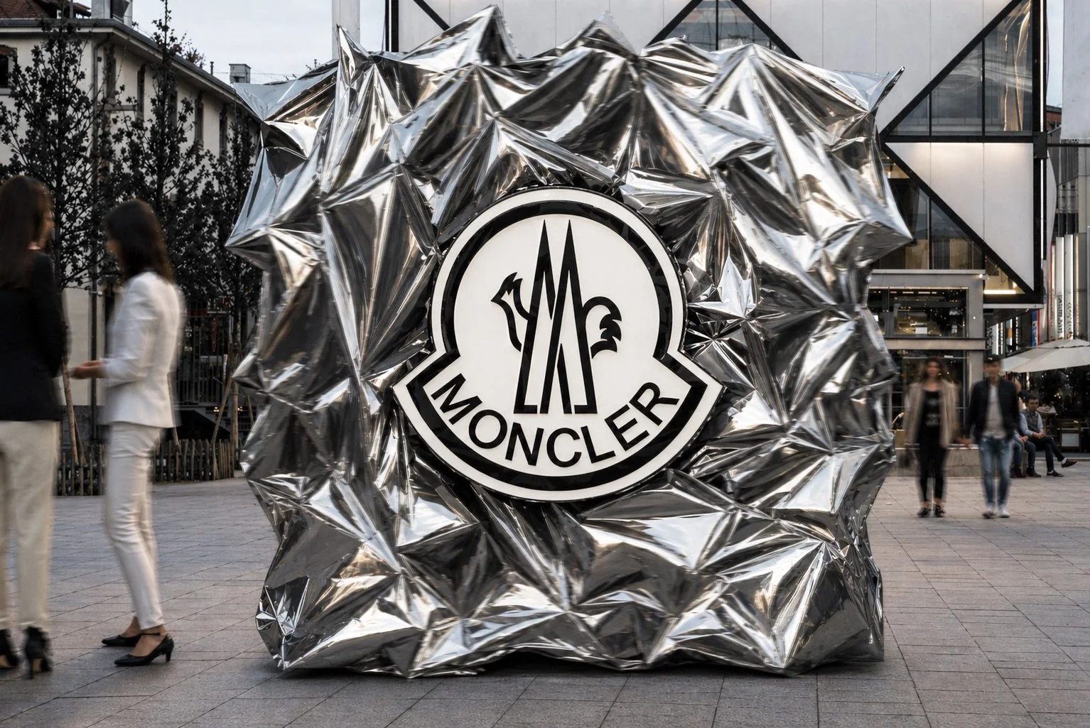 Large Moncler logo displayed on a reflective, crumpled metallic surface in an outdoor urban setting, with people walking and sitting nearby.