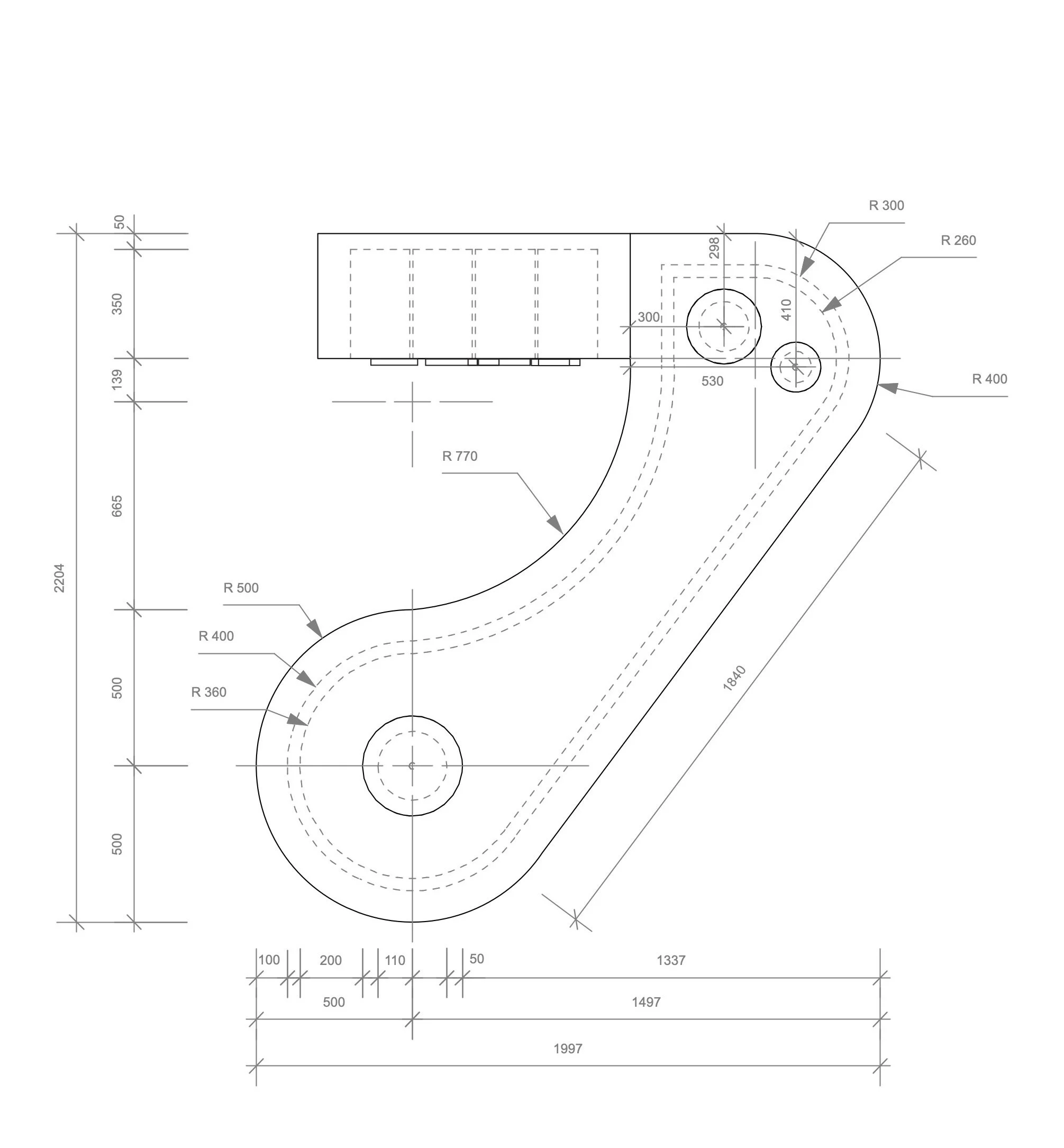 Technical drawing of a Desk for Swiss cosmetic brand LA PRAIRIE with measurements and, including an arch labeled 'la prairie' and specifications for heights and radius. Architecture and Design by Auliseo (Aurèle Eliseo Stauffer).