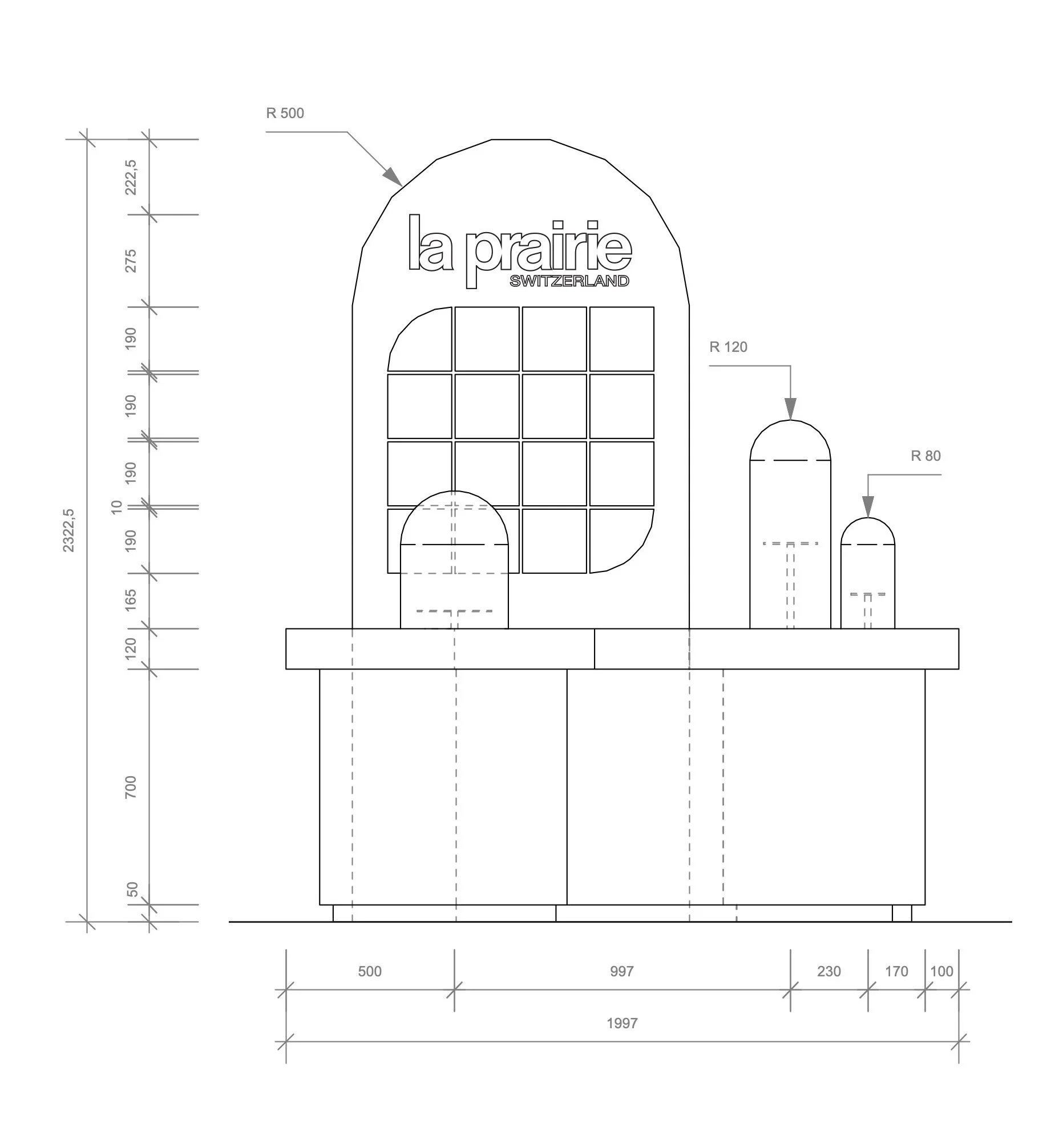 Technical drawing of a Desk for Swiss cosmetic brand LA PRAIRIE with measurements and, including an arch labeled 'la prairie' and specifications for heights and radius. Architecture and Design by Auliseo (Aurèle Eliseo Stauffer).