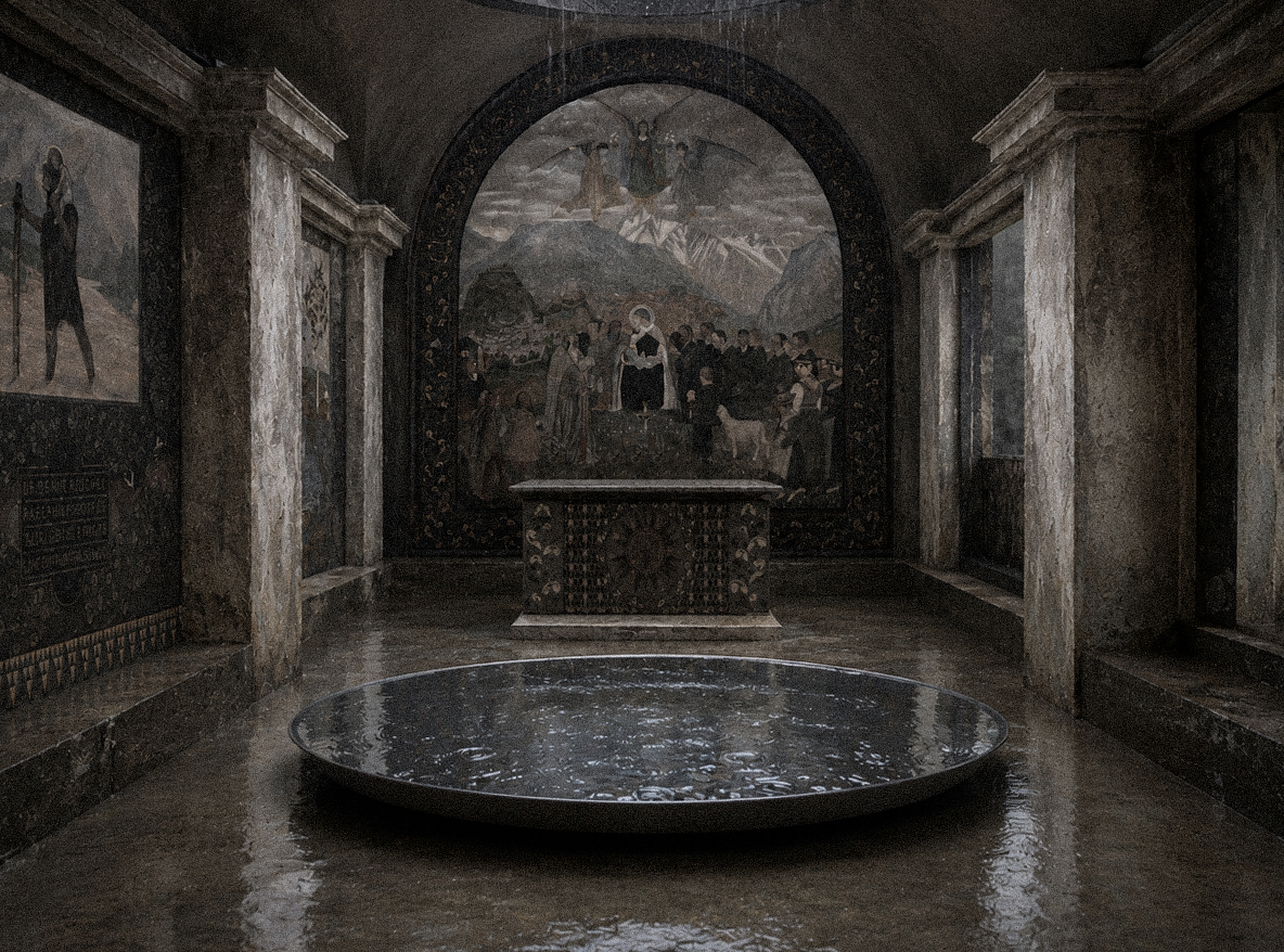 A historical room with stone columns and walls, featuring religious or historical murals on the walls, and a reflective circular basin on the floor in front of a large, arched mural depicting a religious scene. By Auliseo (Aurèle Eliseo Stauffer).