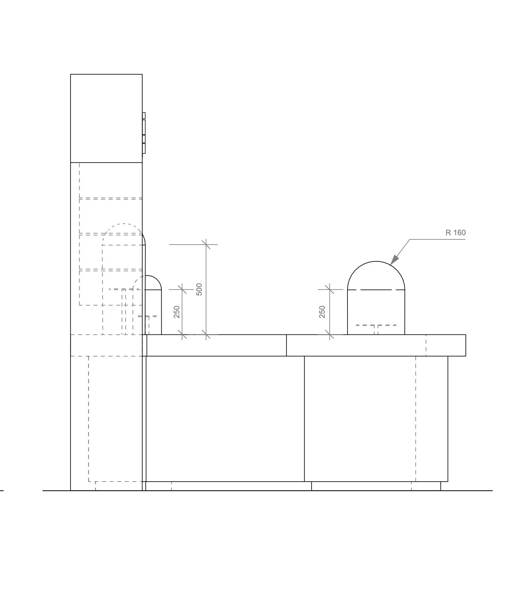 Technical drawing of a Desk for Swiss cosmetic brand LA PRAIRIE with measurements and, including an arch labeled 'la prairie' and specifications for heights and radius. Architecture and Design by Auliseo (Aurèle Eliseo Stauffer).