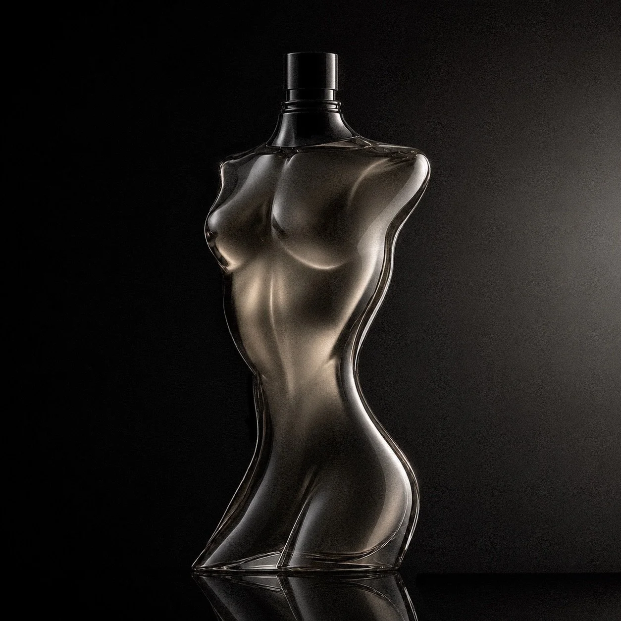 A perfume bottle shaped like a female and a male torso sculpture on a dark background. Perfume bottle for Jean Paul Gaultier. Architecture and Design by Auliseo (Aurèle Eliseo Stauffer).