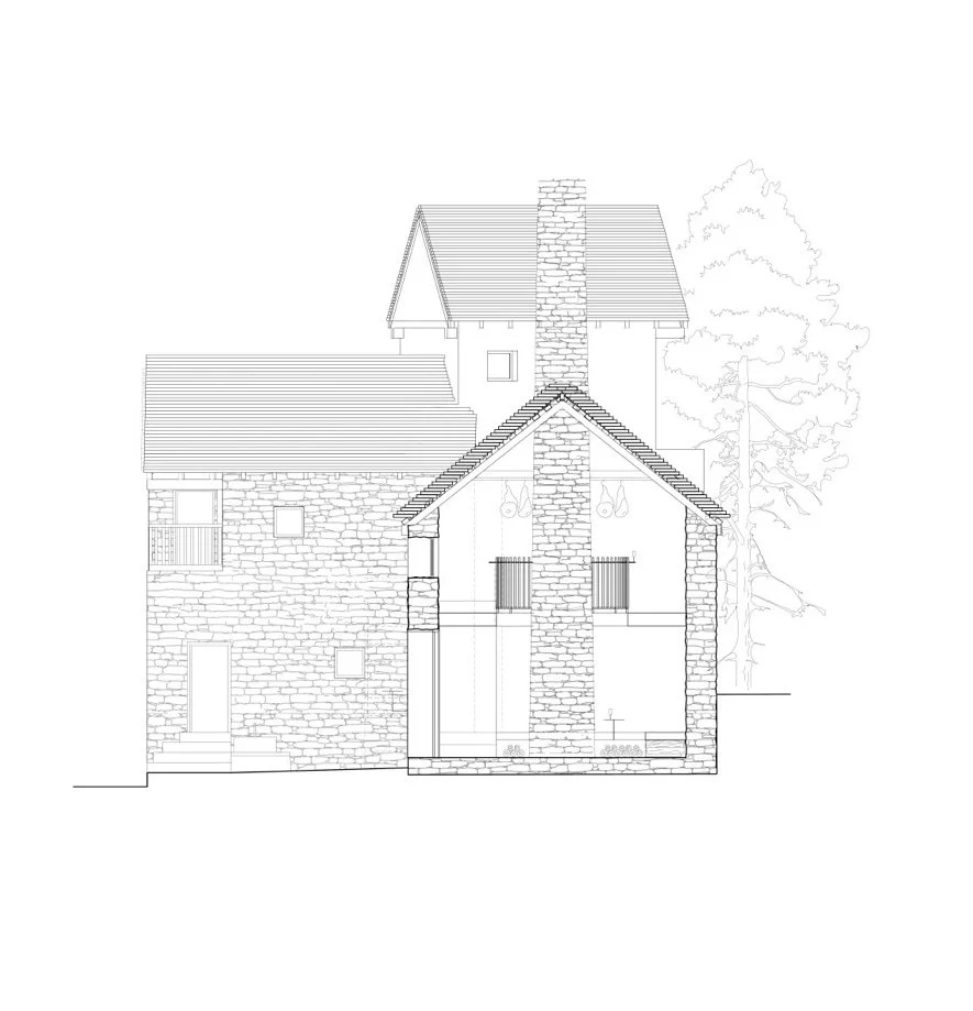 Architectural line drawing of a multi-story house with a spiral staircase, stone fireplace bread oven, and surrounding trees.
Architecture and Design for Foroglio Bakery and Bar in by Auliseo (Aurèle Eliseo Stauffer).