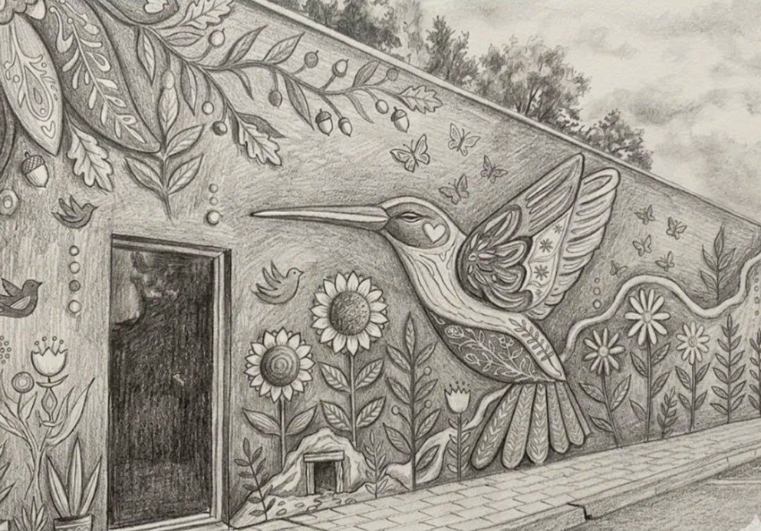 A detailed pencil drawing of a mural on a wall featuring a large, decorative hummingbird surrounded by various flowers, leaves, and butterflies, with some birds flying nearby.
