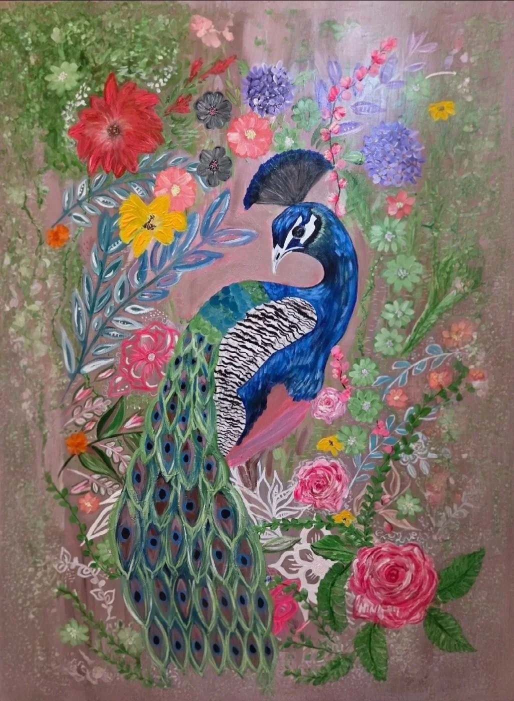 A colorful painting of a peacock surrounded by an arrangement of vibrant flowers and green foliage on a pink background.