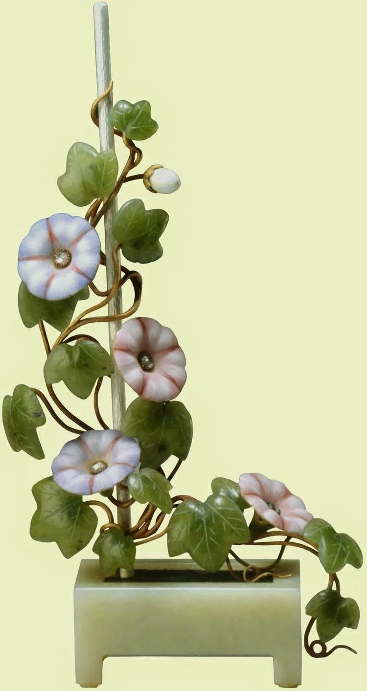 Morning glory in enamel, jade, gold and diamonds