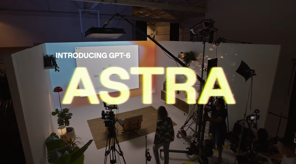 Astra launch film still showing the room set and production lighting beneath the words Introducing GPT-6 Astra.