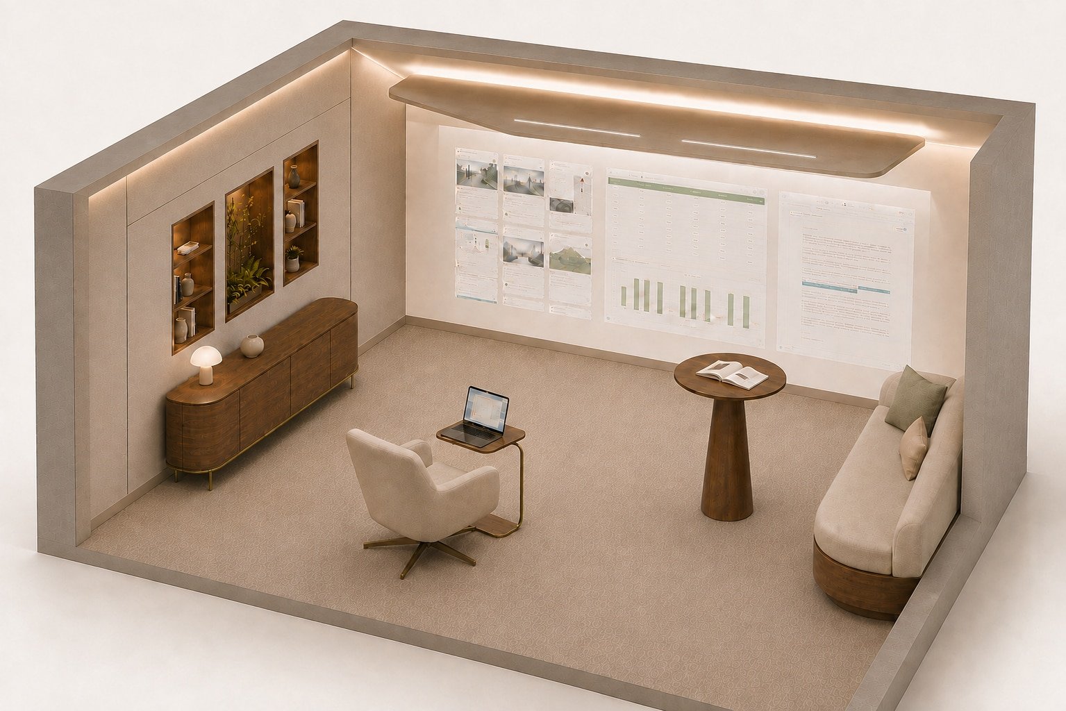 Cutaway of the Orchestration Room. Numbered features: 1 wall-wide projection, 2 device table, 3 acoustic enclosure, 4 environmental control, 5 standing table, 6 banquette seating. Full explanations follow below.