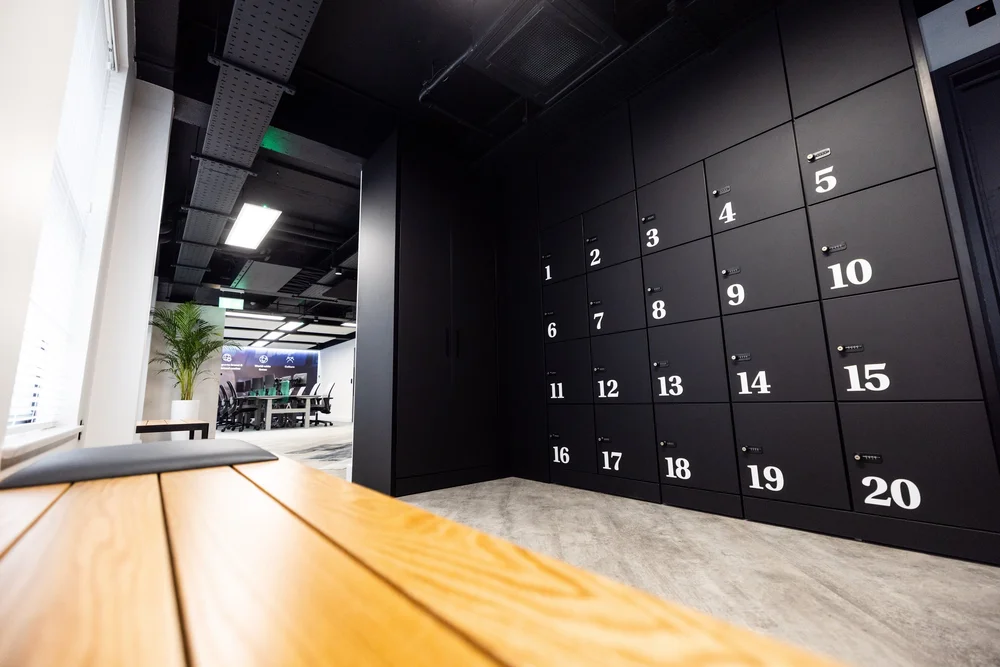 Personal lockers beside the shared work areas