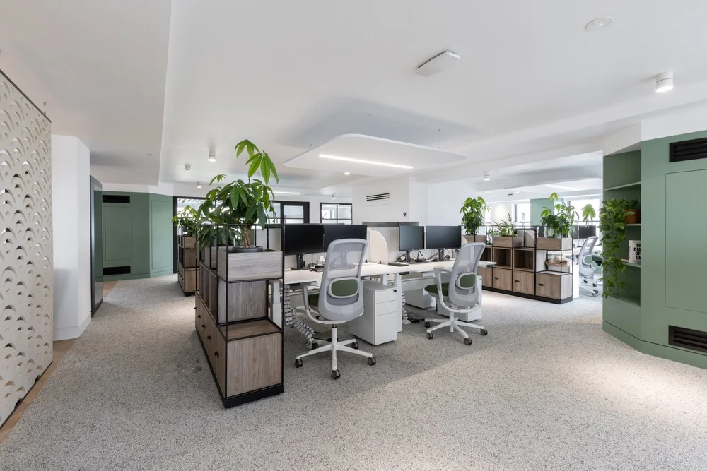 Open-plan work area with integrated storage and planting