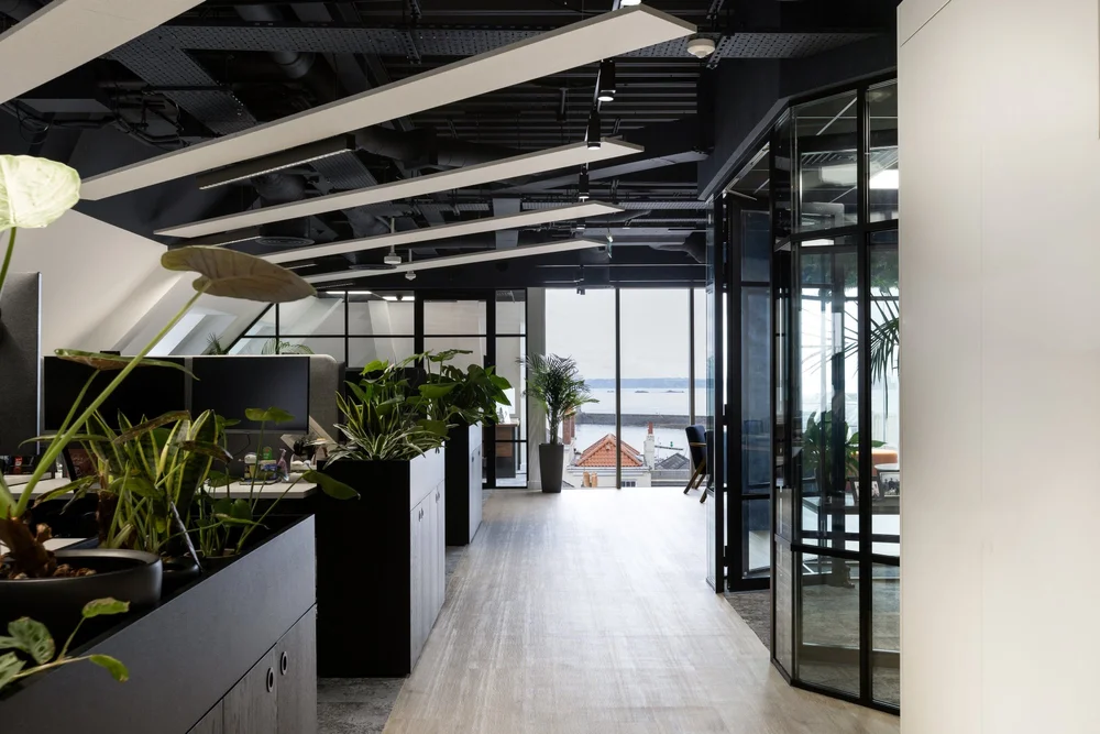 Glazed private offices beside the open-plan area