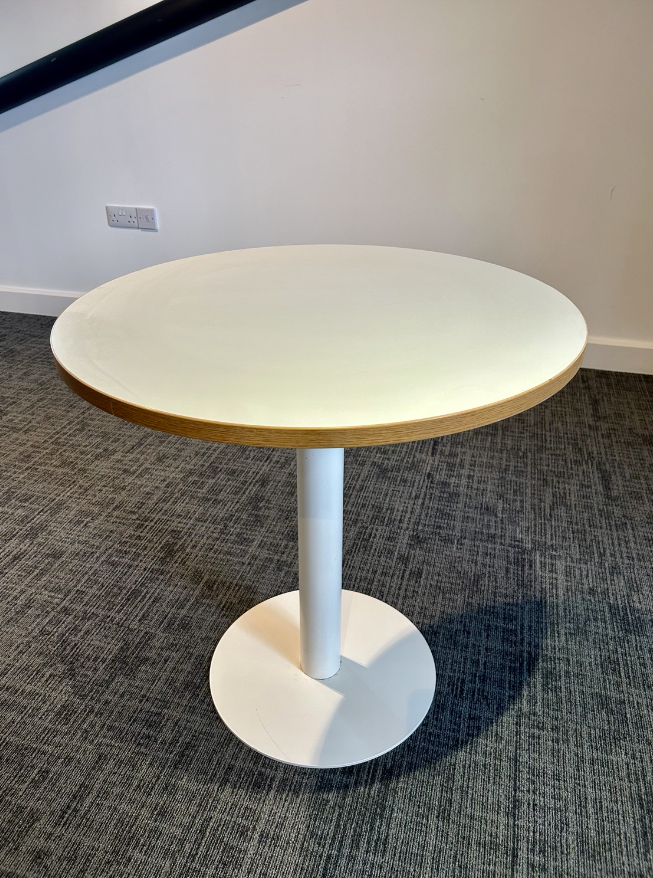 800 mm circular meeting table with light grey top, oak edge detail and white pedestal base, actual sale item
