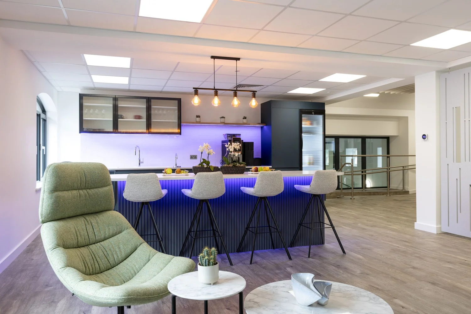 Kitchen, coffee bar and lounge seating at FNB, Le Marchant House.