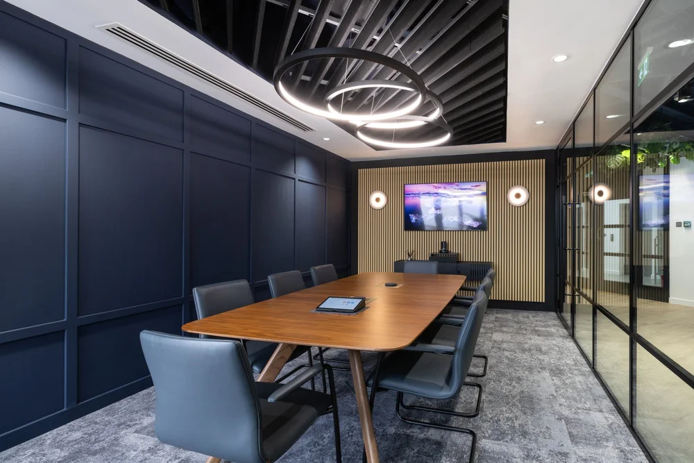 White Star boardroom with feature lighting and glazed partitions