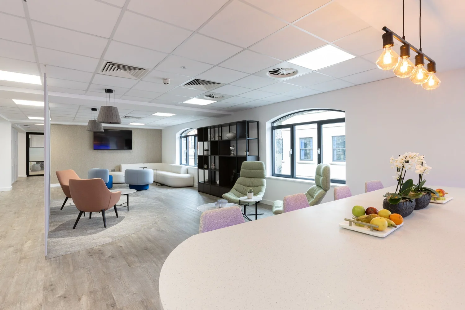 The kitchen and informal lounge at FNB, with a mix of seating.