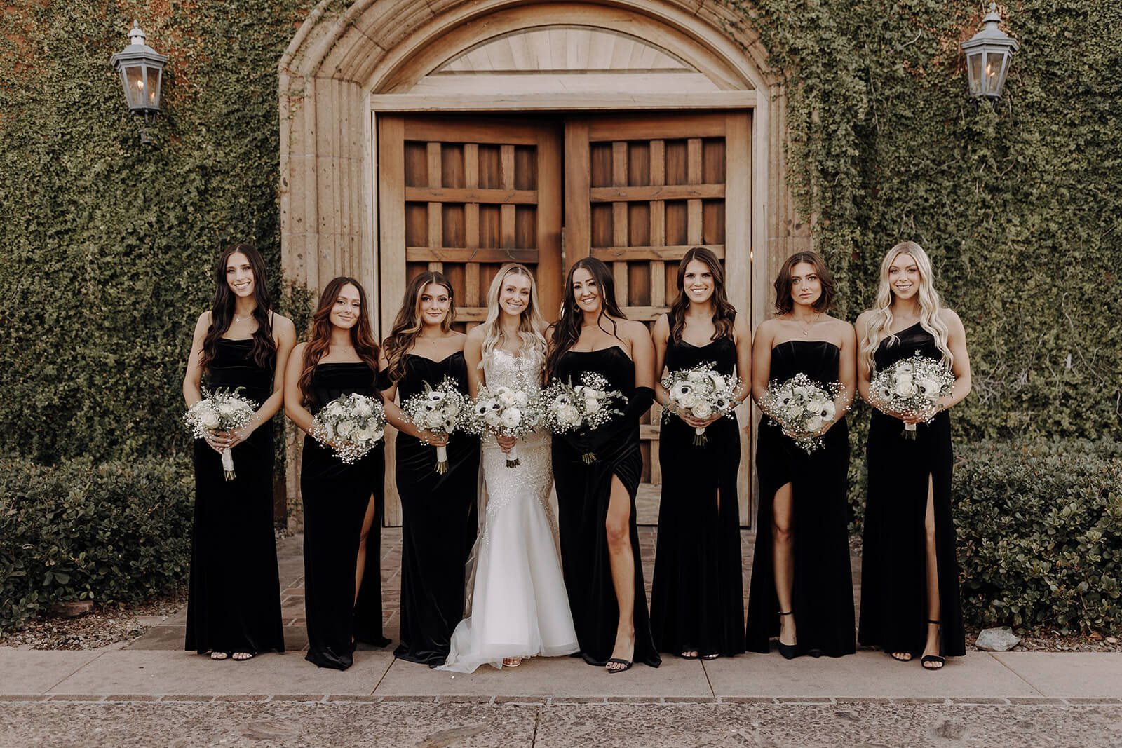 Bride with her bridesmaids at classy black and white Arizona wedding