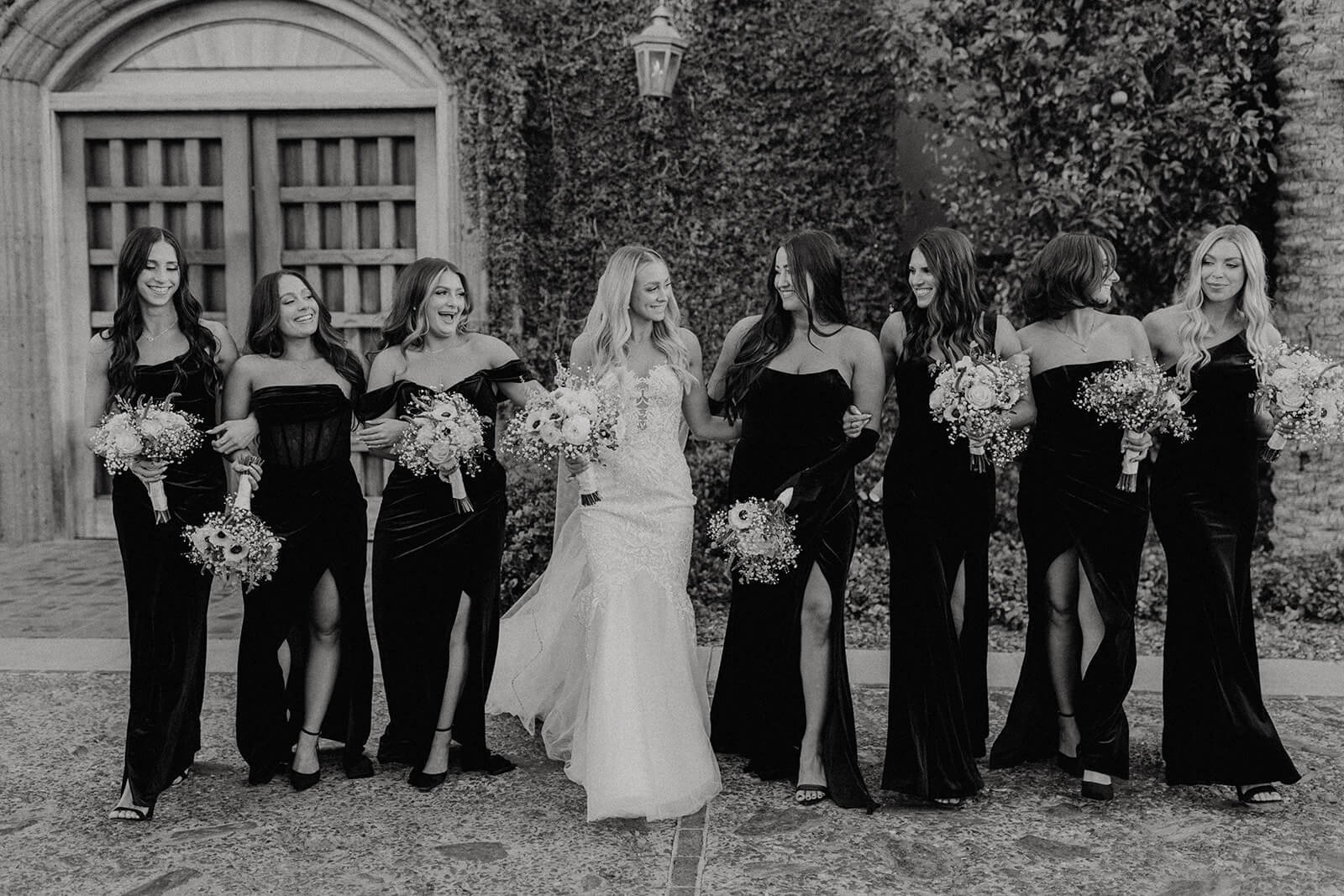 Bride with her bridesmaids at classy black and white Arizona wedding
