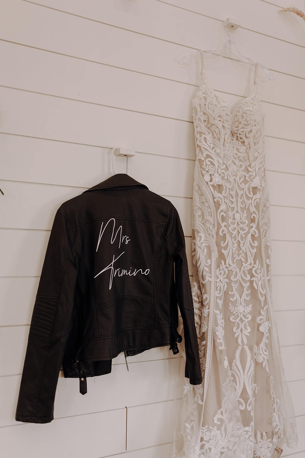 Wedding dress with embroidered bridal leather jacket