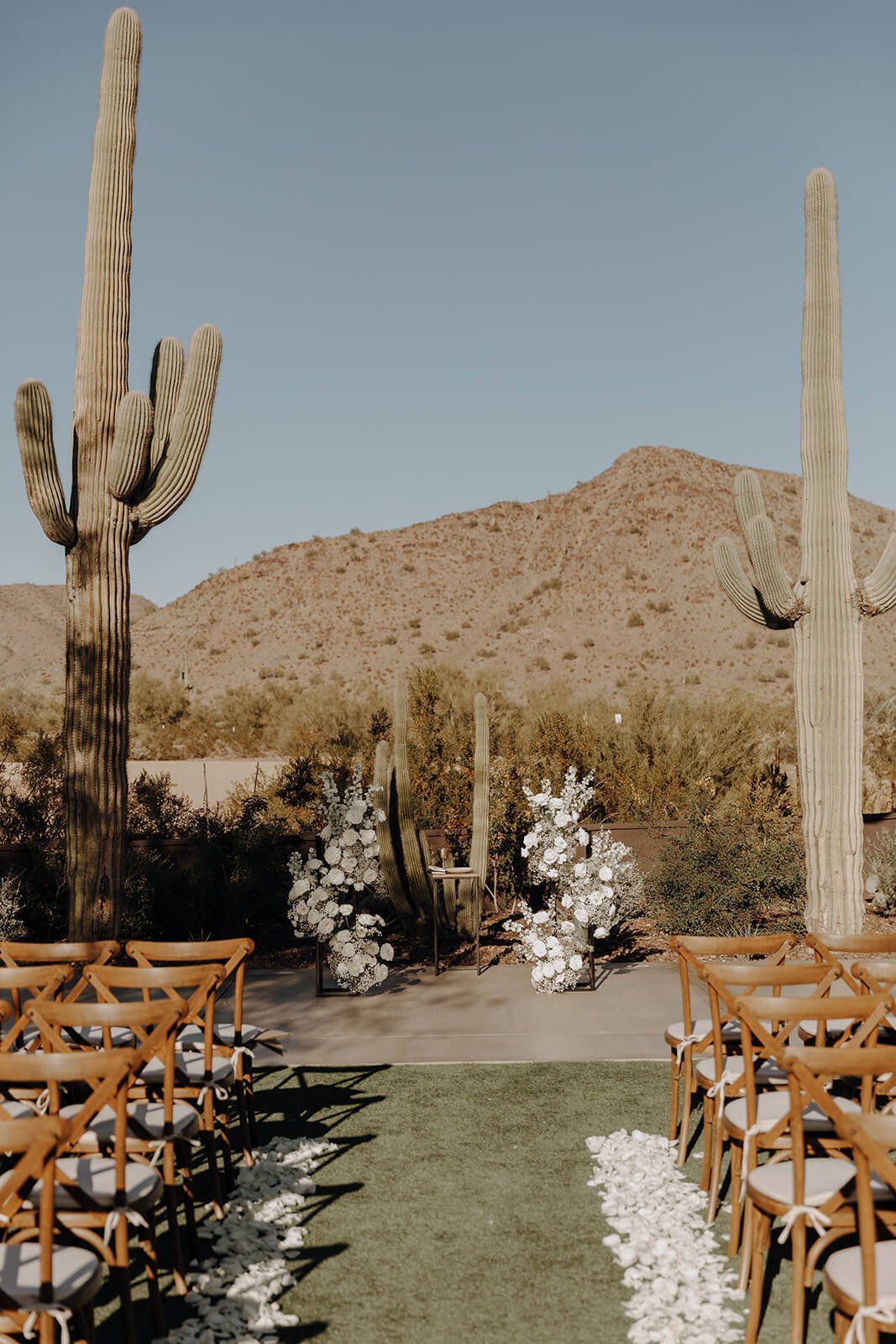 Arizona destination wedding ceremony lawn with cactus and mountains in the background