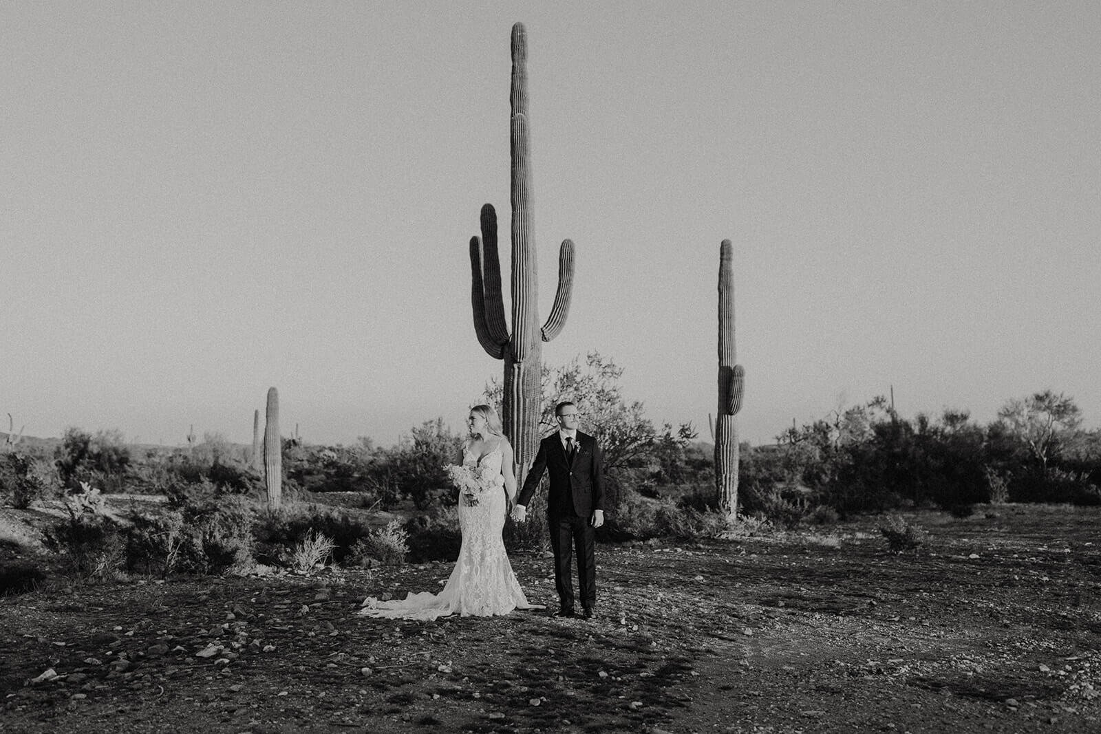 Black and white photo of bride and groom in front of a large saguaro cactus in the desert