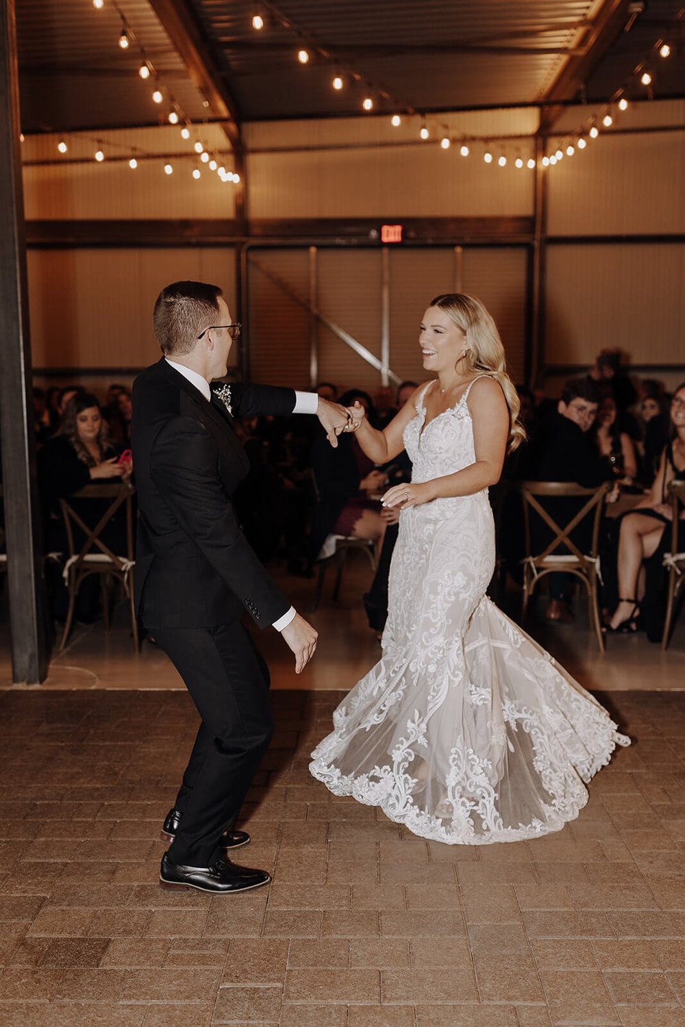 Bride and groom dance at reception of Arizona desert wedding