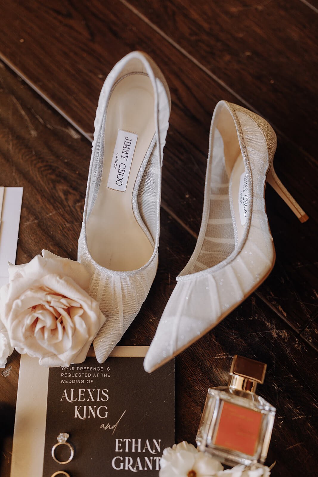 Jimmy Choo bridal shoes with luxury wedding invitation