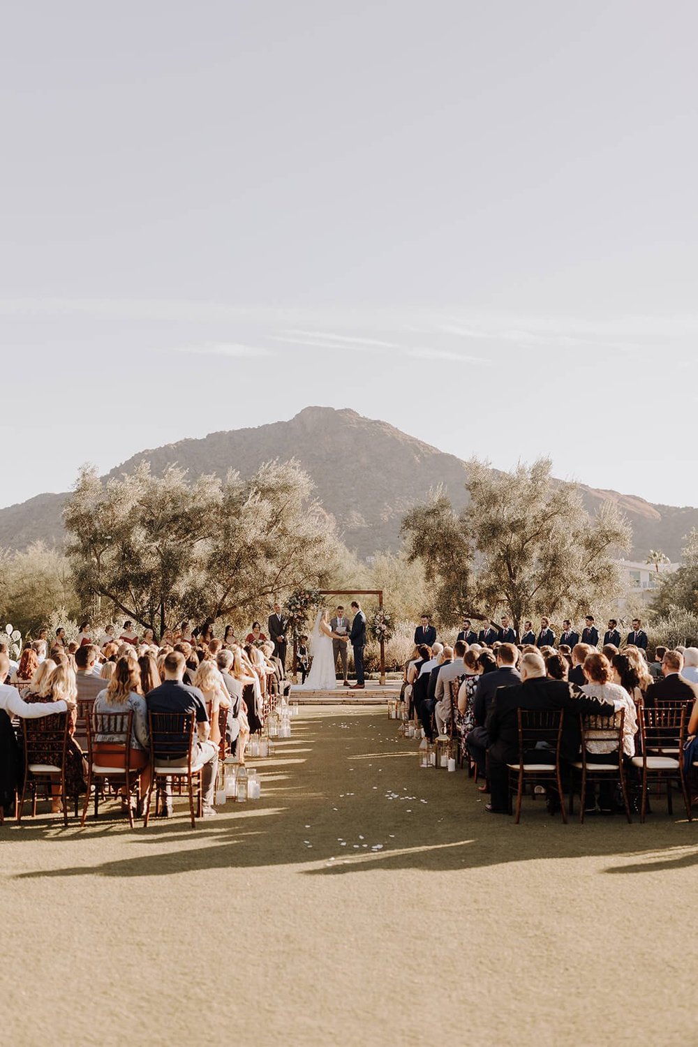 Wedding ceremony in Paradise Valley Arizona with mountains in the background