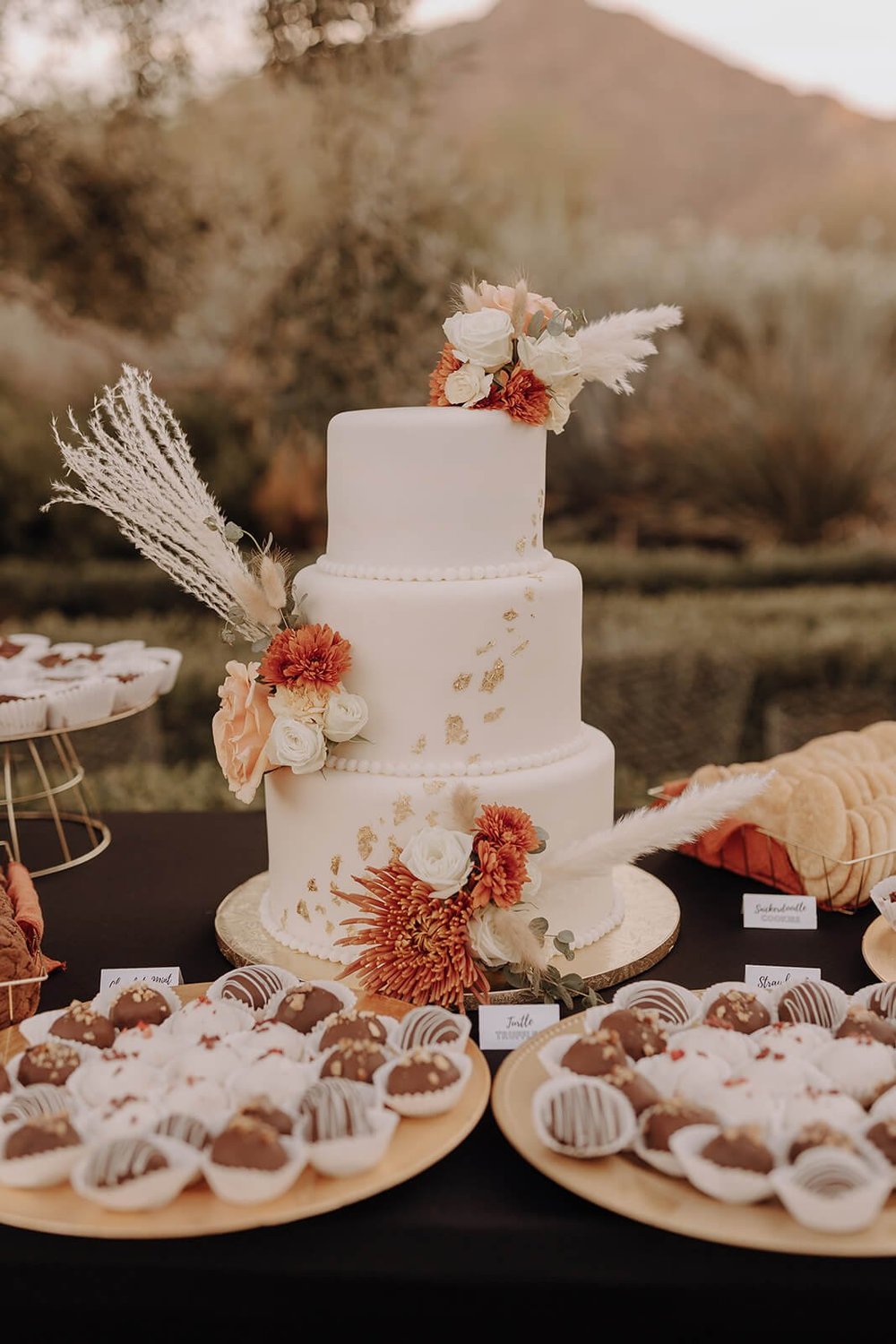 Paradise Valley desert wedding cake and small deserts with mountain in background