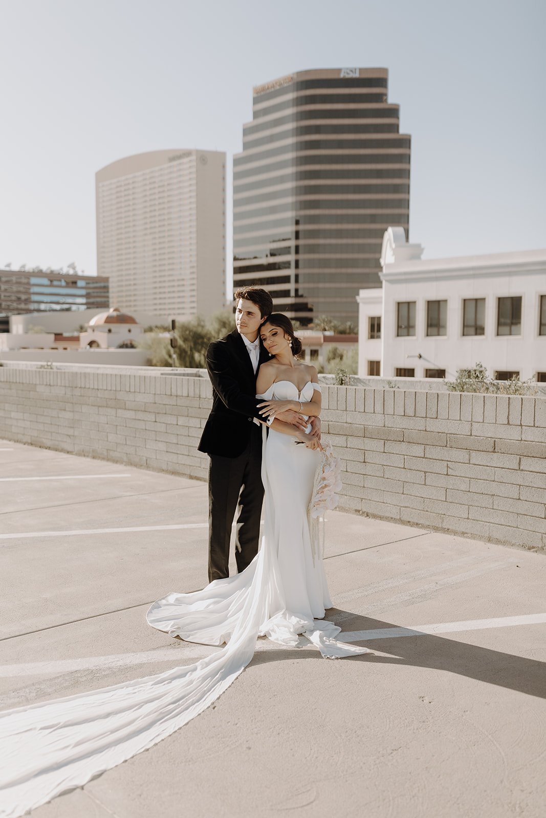Bride and groom portrait on the top of a parking garage in Arizona