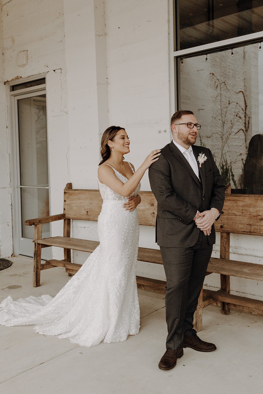 Bride and groom first look at the Ice Plant Bldg Austin wedding venue