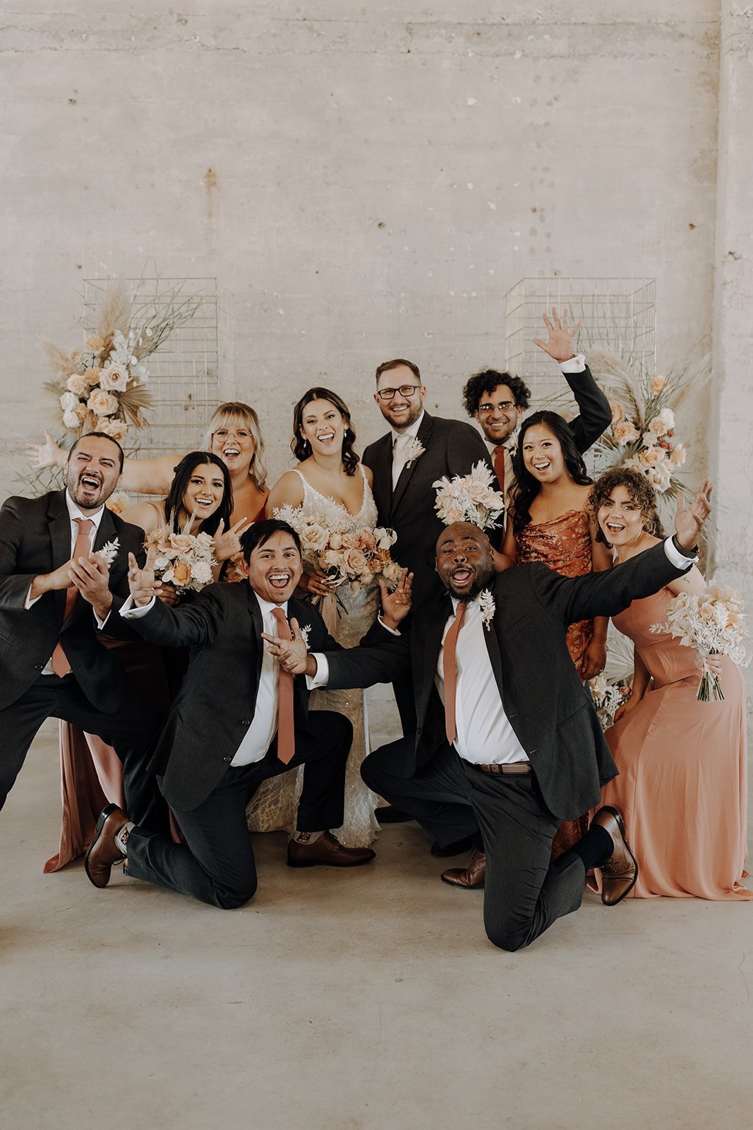 Wedding party group shot at the Ice Plant Bldg wedding venue in Texas