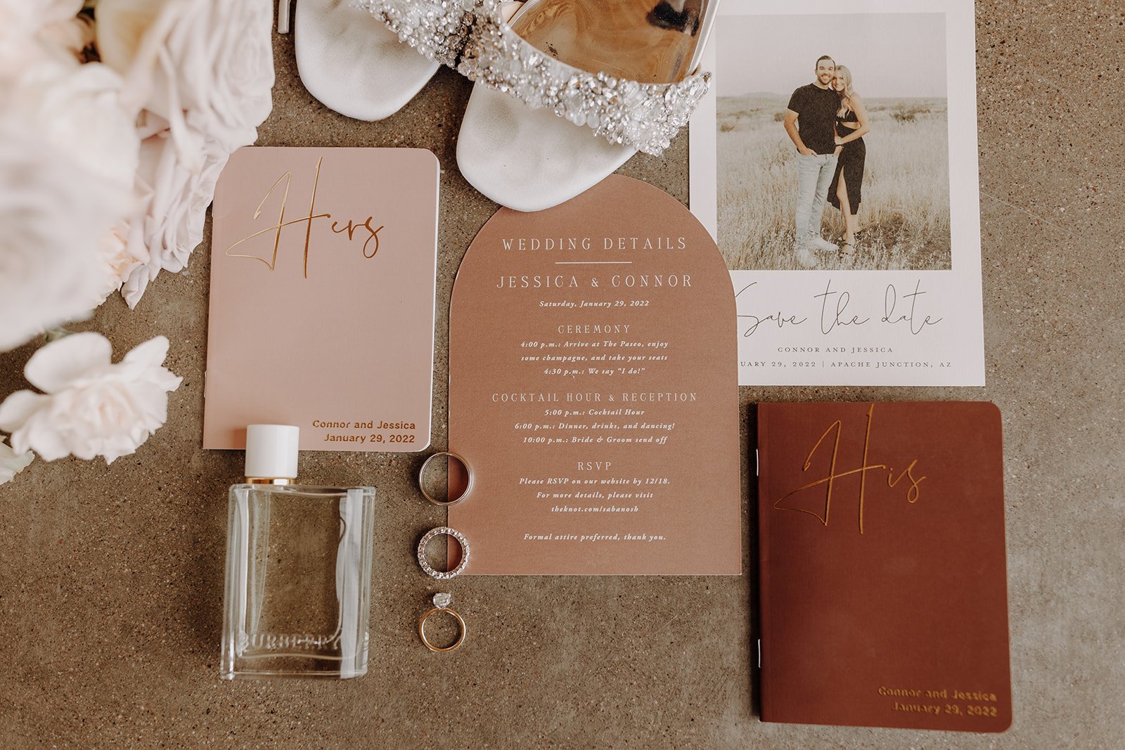 Blush, terracotta and burgundy wedding invitation suite