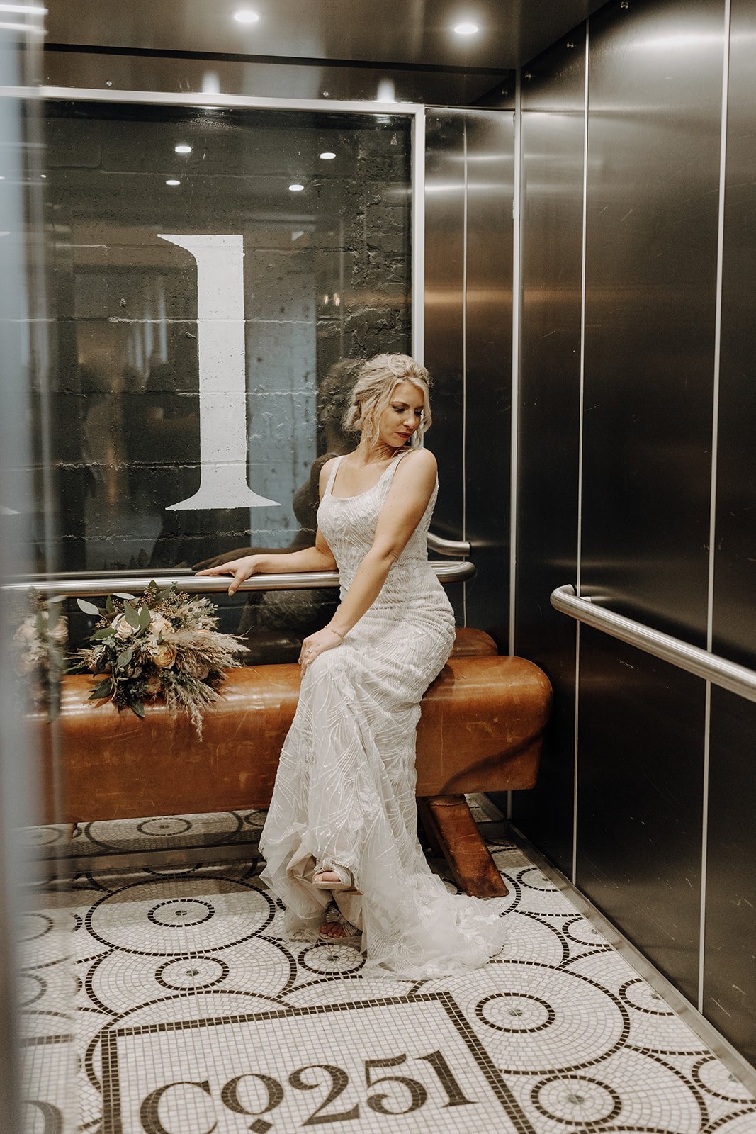 Bridal portraits in elevator at Company 251 in Illinois