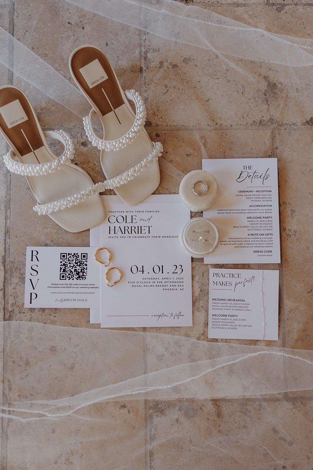 White wedding heels with pearl straps with white wedding invitation suite 