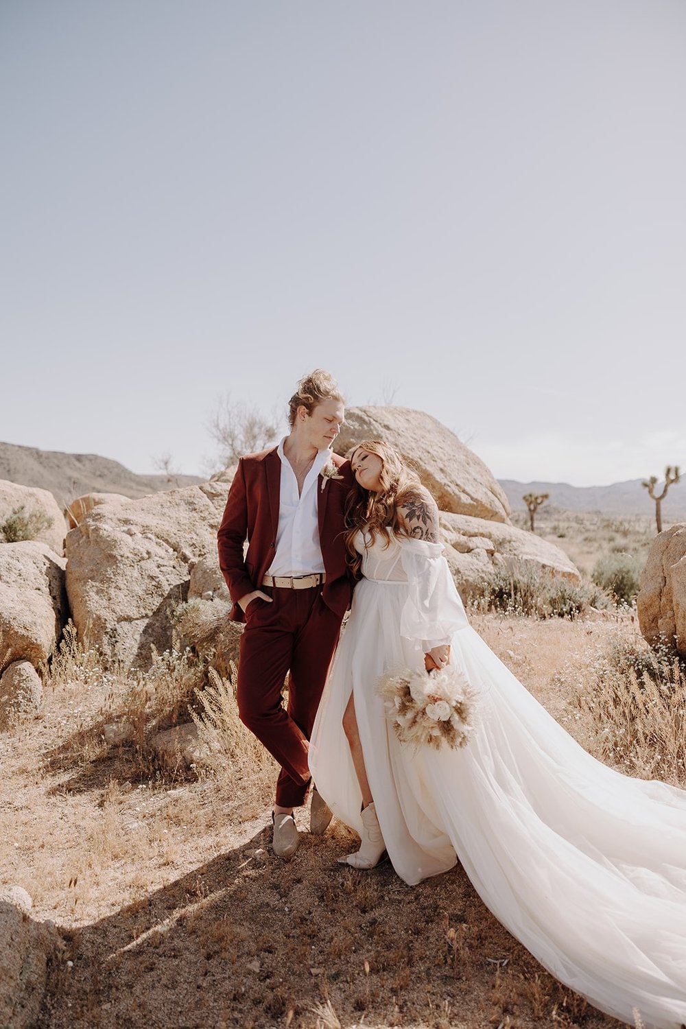 Bride and groom couple portraits in the desert during Joshua Tree wedding