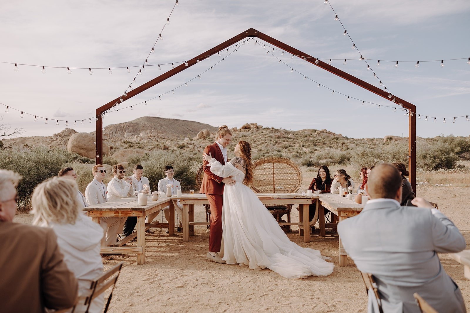 Bride and groom first dance at The Ruin Venue wedding reception in Joshua Tree California