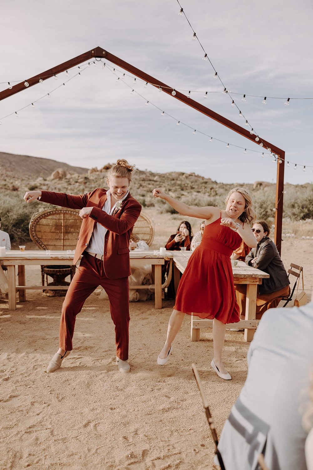 Lively mother son first dance at wedding in Joshua Tree