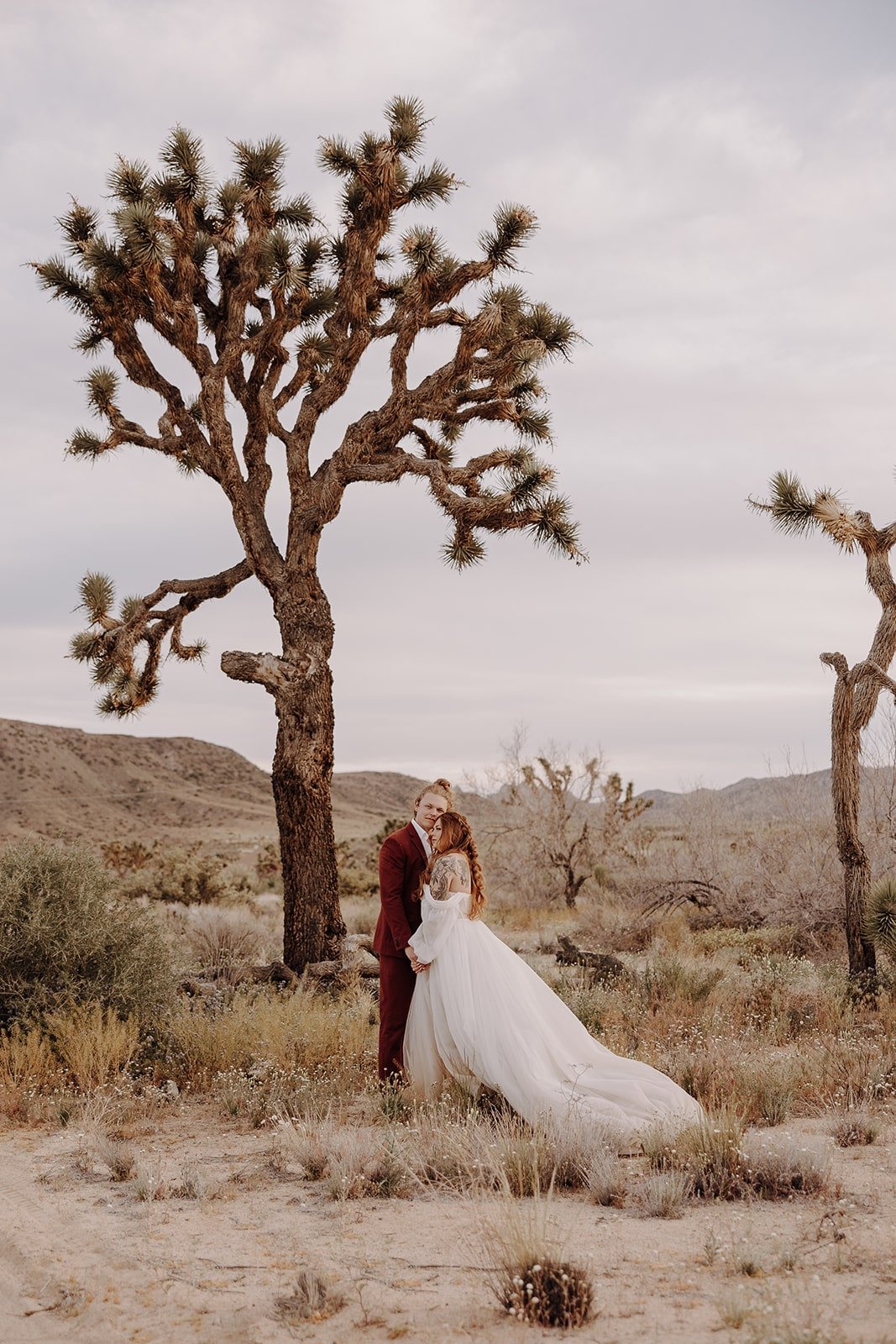 Bride and groom stand under a Joshua Tree for their sunset wedding photos at The Ruin Venue