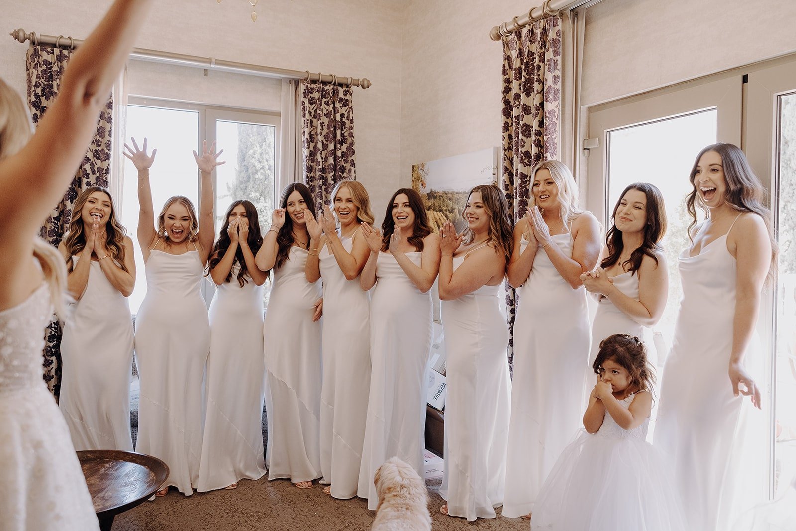 Bridal party reacts to first look with bride at Aletto luxury wedding venue in California