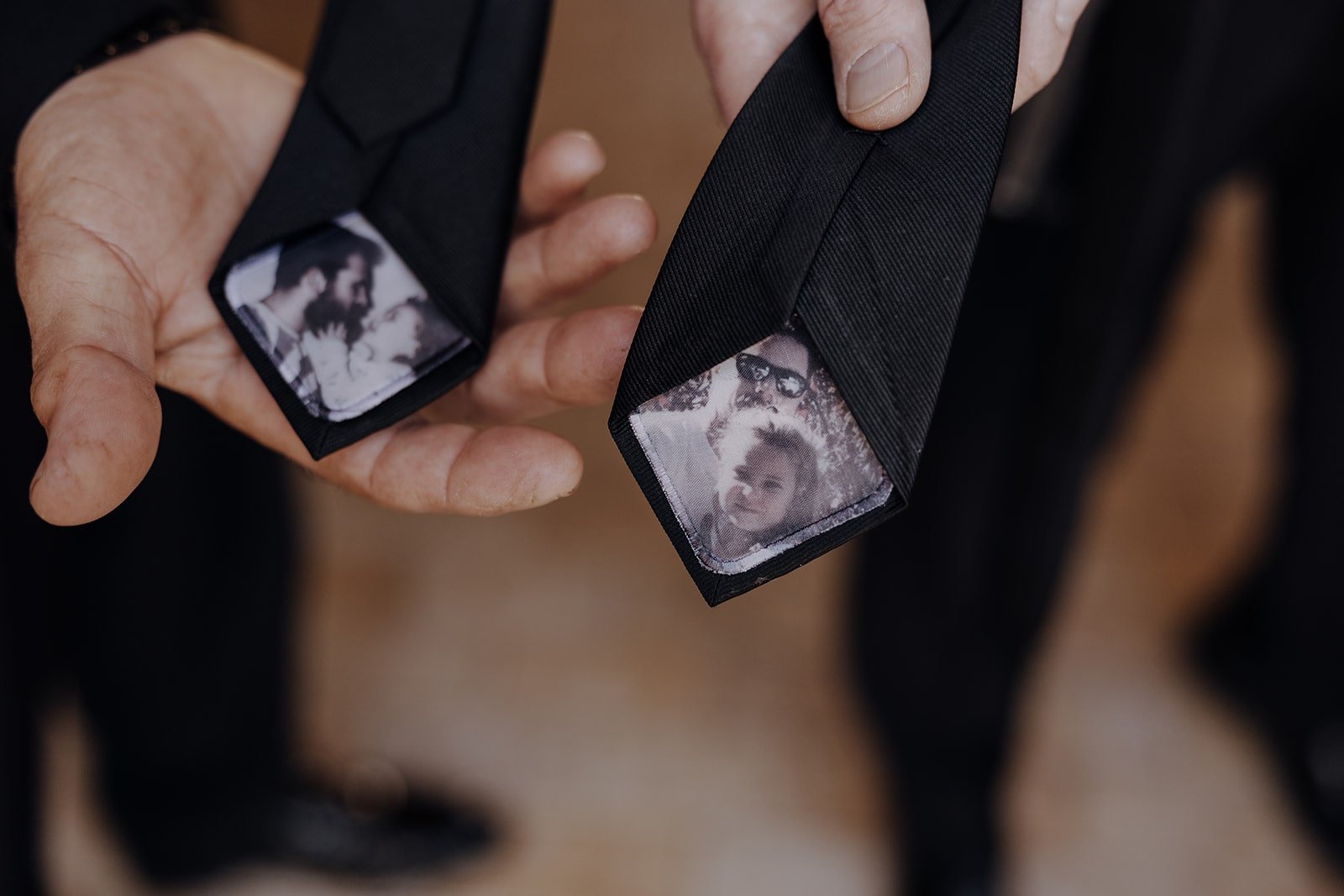 Personalized black ties with photos of the bride and fathers