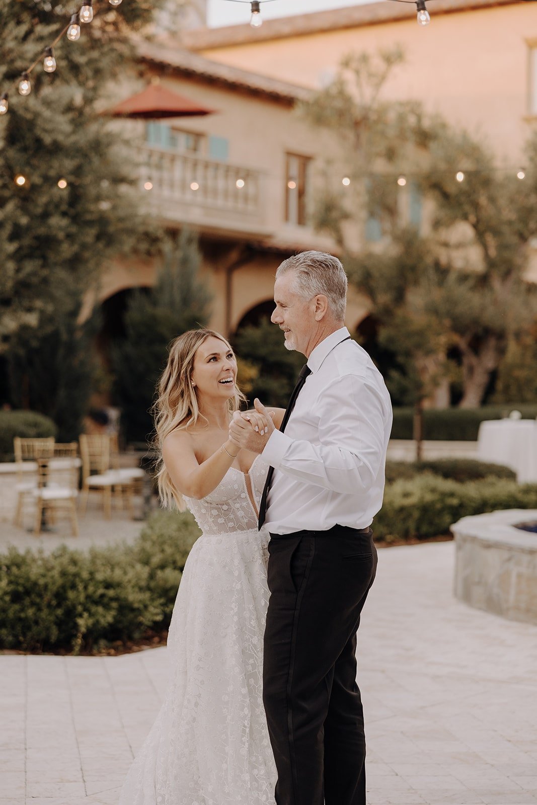 Bride first dance with father at Tuscan wedding venue in California